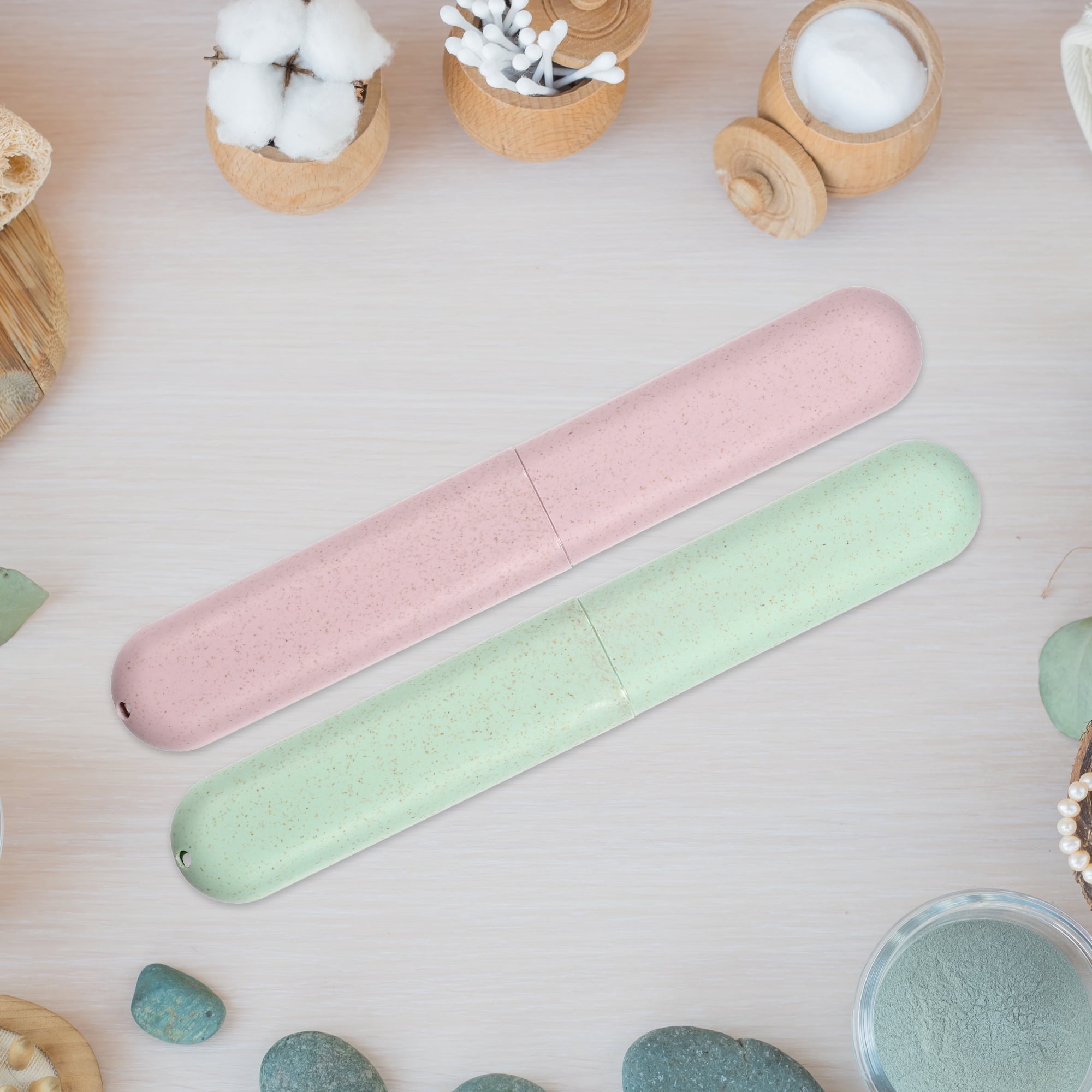 Unique Bargains 2Pcs Toothbrush Holders Case Green Pink for Travel 8.07"x1.22"x0.83"