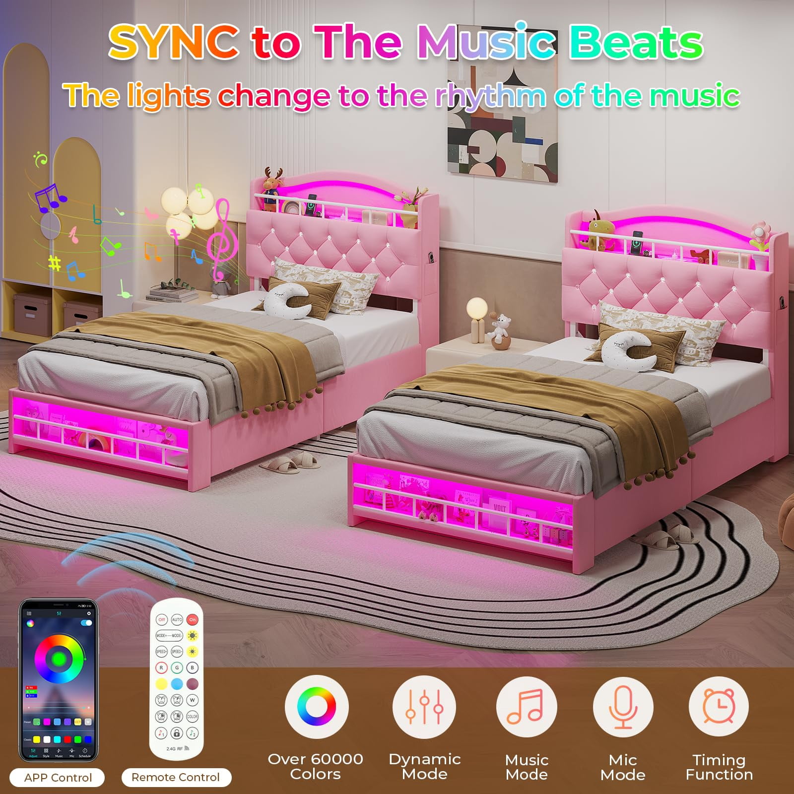 AMUZER Twin Size Princess Bed Frame with 4 Storage Drawers,Headboard with LED Lights & Charging Station, Girl Upholstered Bed,No Box Spring Needed, Easy Assembly, Pink