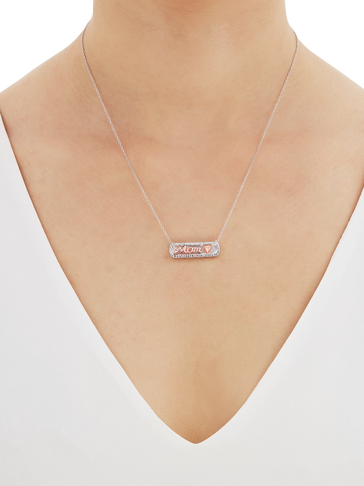 Brilliance Fine Jewelry Mother of Pearl Bar,Crystal,Heart,Mom Necklace in Sterling Silver and 14KT Rose Plate,18"