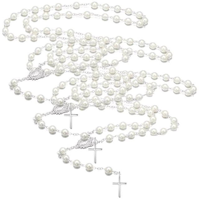 Collar de Rosario CatholicDivin09 VentDepot 3Pzas 39cm 1x1.5cm Cruz Cuentas 3mm Tipo Perlas Blanco