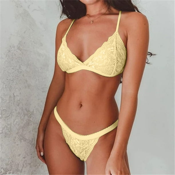 Bras for Women Women's Lingerie Set Floral Print Lace Underwear Solid Color  Spaghetti Bra Push up Bras for Women Yellow Size:S-3XL