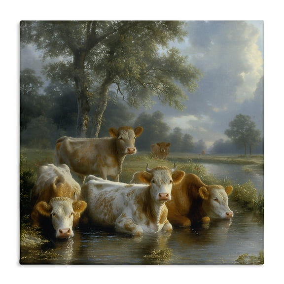 Stupell Industries Cow Family at Creek Animals Painting Wrapped Canvas Art Print Wall Art, 17 x 17