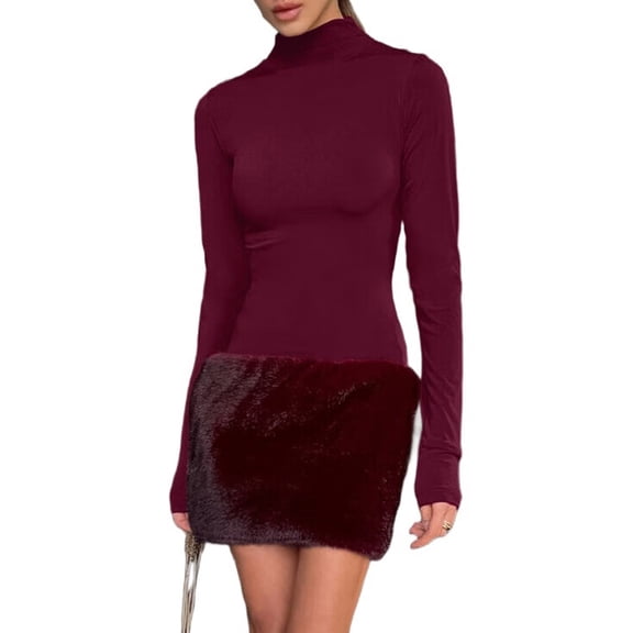 Women'S Elegant Bodycon Faux Fur Trim Dress High Neck Long Sleeve Mini Dress Wine Red S