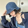 thumbnail image 4 of 56-58cm hat circumference retro denim double-sided fisherman hat female summer ruffled sun hat with windproof drawstring - Medium denim beige, 4 of 5