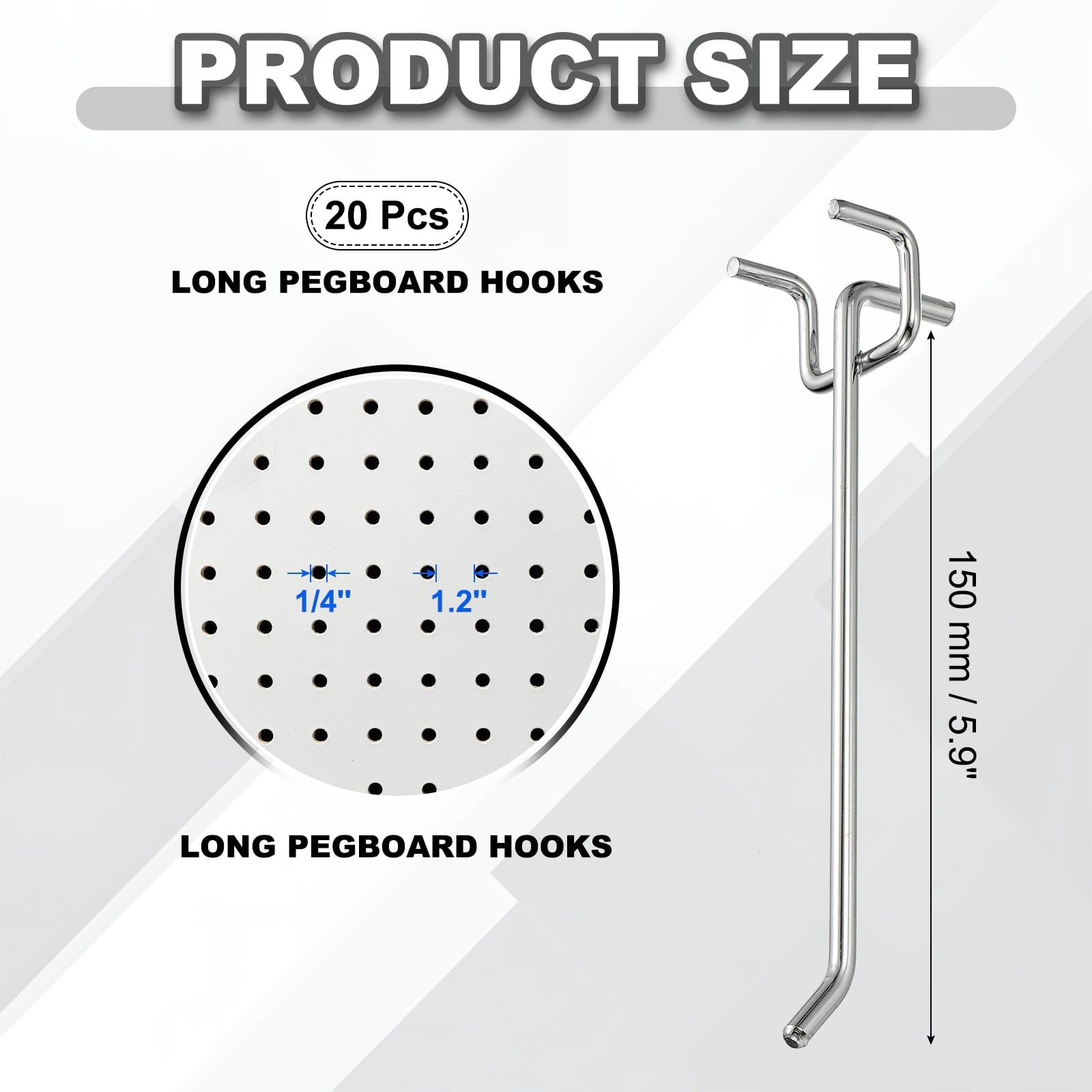 Uxcell 20 Pcs Pegboard Hooks,  5.9 Inch Peg Board Hooks Kit Fit 1/5" Pegboard Garage for Hanging Shelving Tool Storage Craft Organizing, Silver Tone (1.2mm Hole Dia)