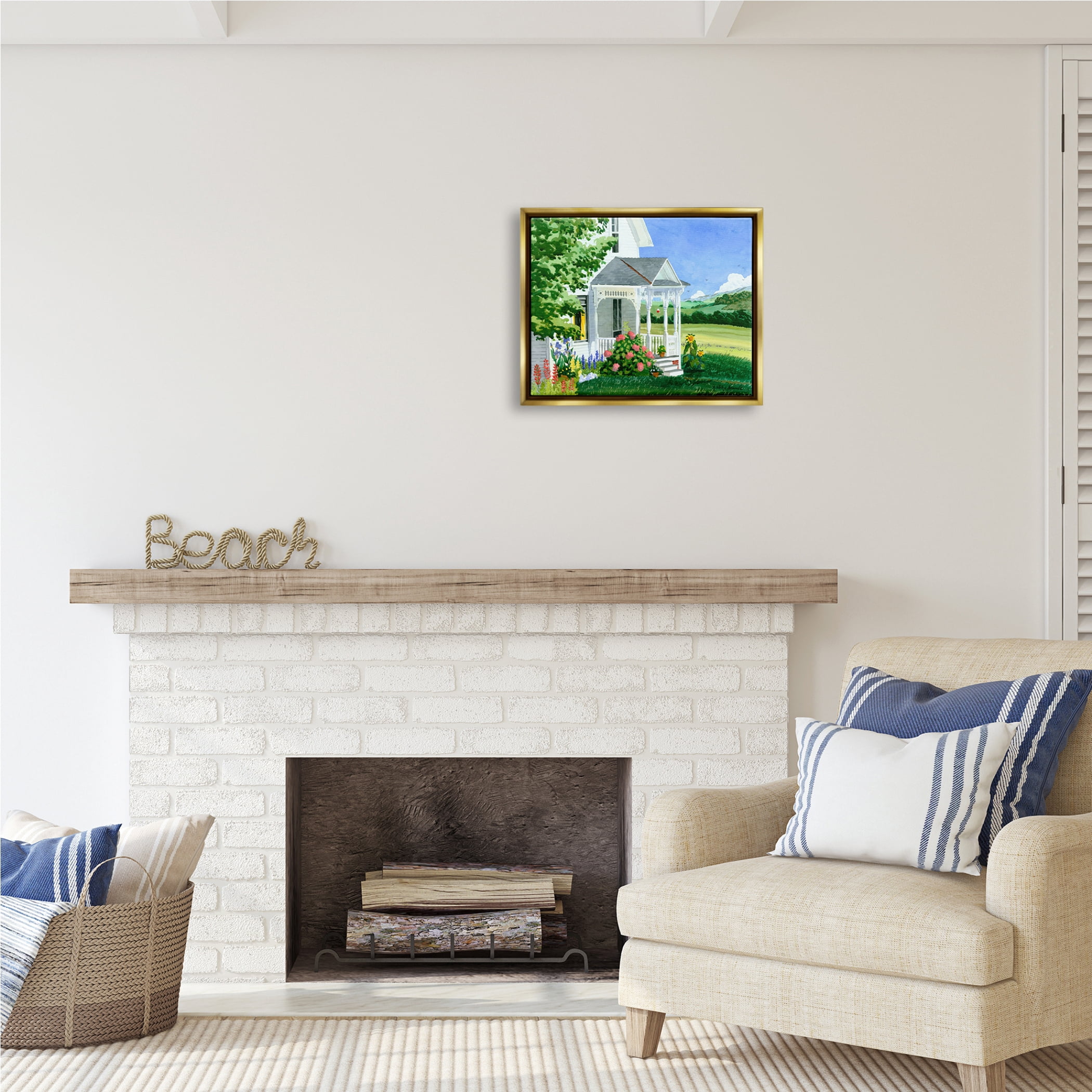 Stupell Industries Cottage Garden Painting Nature Painting Gold Floater Framed Art Print Wall Art, 21 x 17