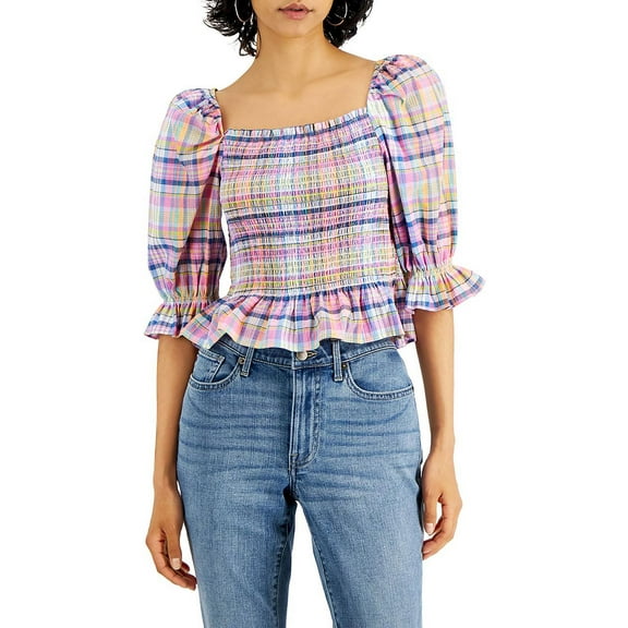 Tommy Hilfiger Womens Cotton Plaid Smocked Top Pink Multi XL