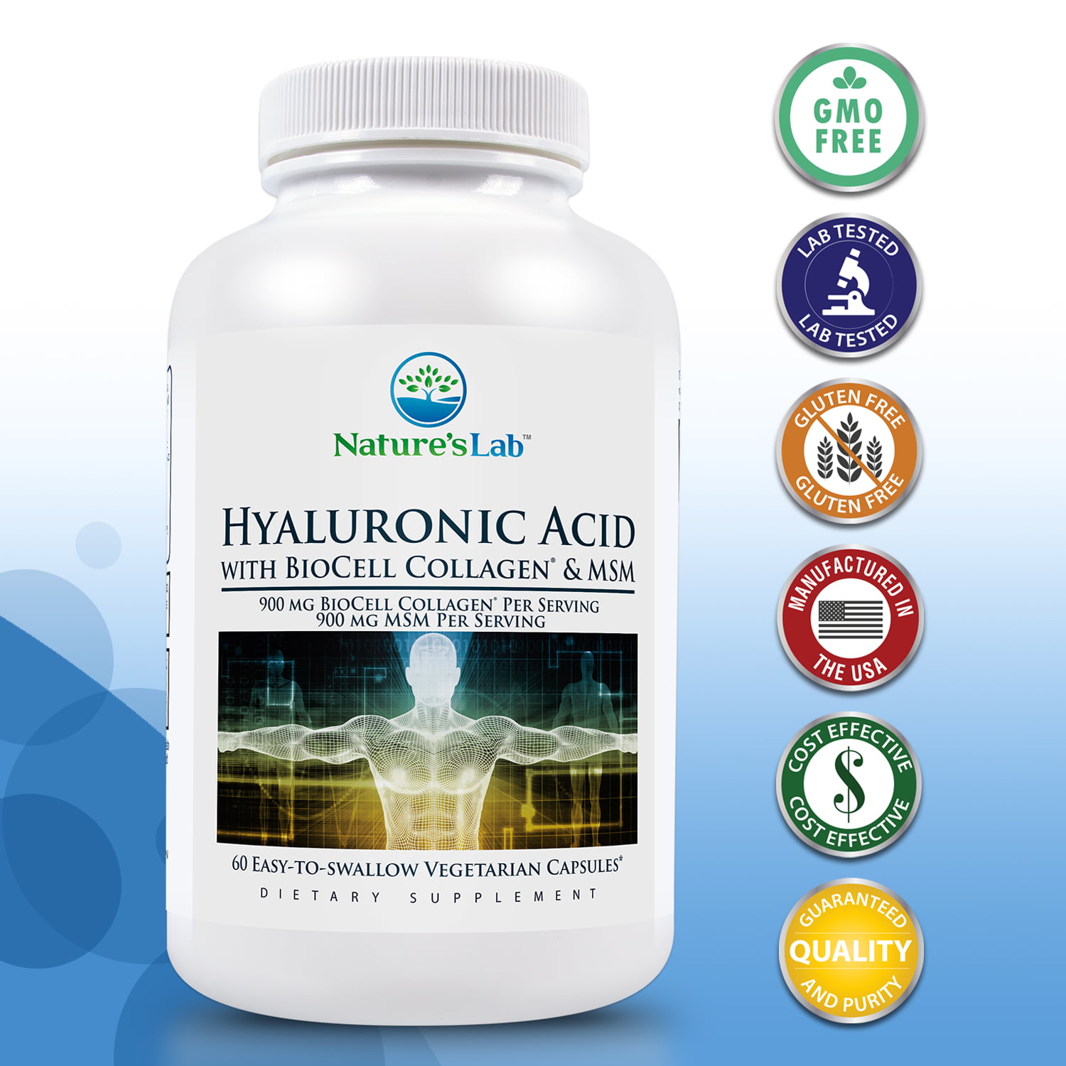 Hyaluronic Acid with BioCell Collagen &amp; MSM 900 mg - 60 Capsules by Nature&amp;#39;s La