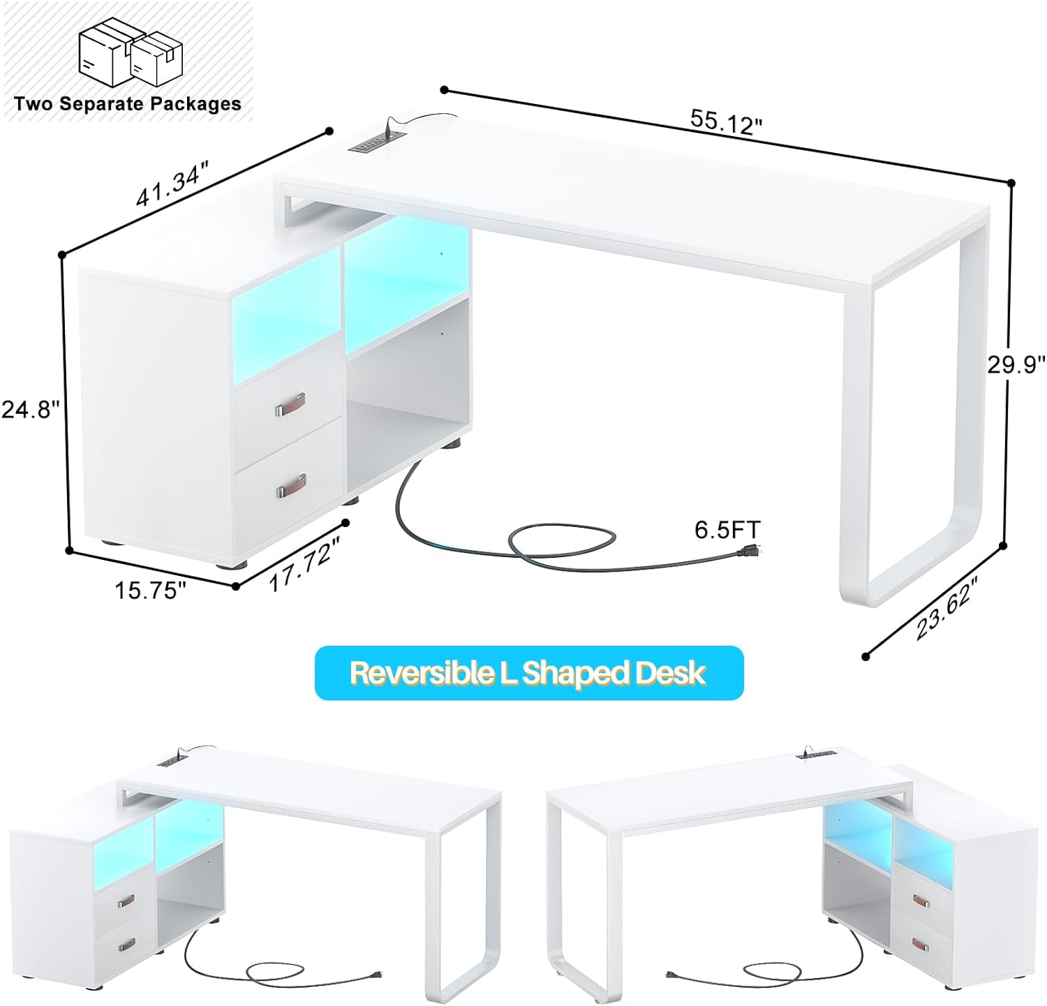 Homieasy Reversible L Shaped Desk with File Cabinet & Power Outlet, 55'' Computer Gaming Desk with LED Lights and Drawers, L Shaped Corner Desk with Storage Shelves for Work & Study, White