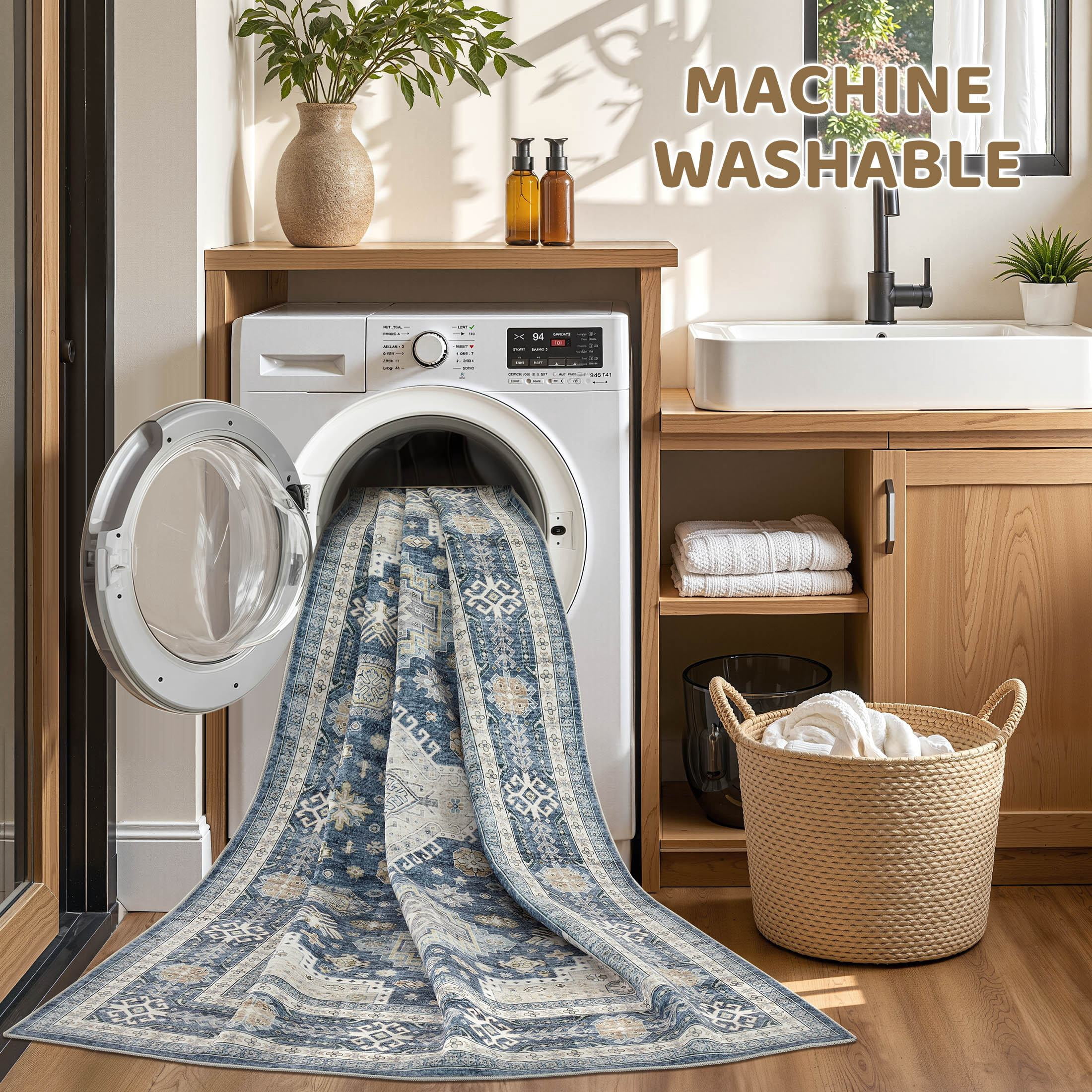 UERMEI 6'x9' Washable Area Rugs for Living Room, Modern and Vintage Non Slip Carpet, Low Pile Indoor Rug for Bedroom Home Decor Carpets, Blue