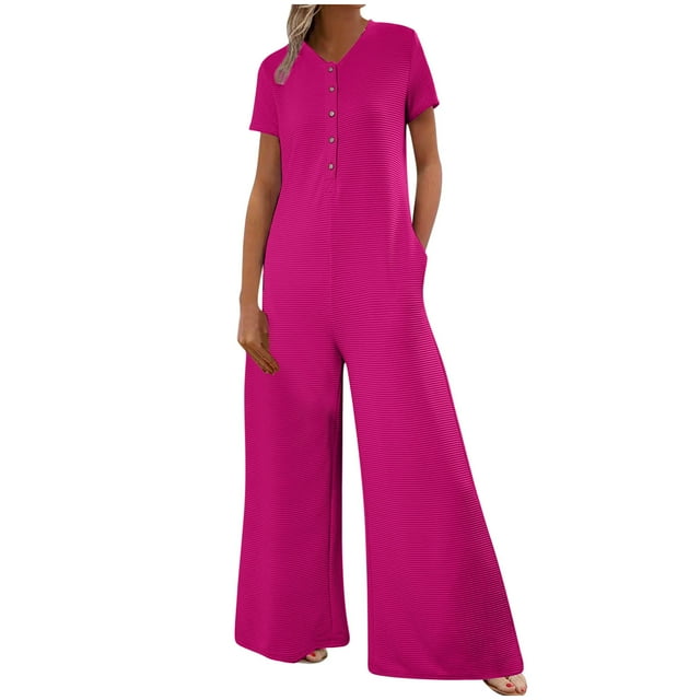 UAMVSH Rompers for Women Short Sleeve Button down Jumpsuit with Pockets Dressy Summer Wide Leg Long Overalls Clothes 2025
