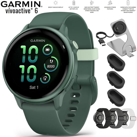 Garmin VIVOACTIVE 6 Health and Fitness GPS Smartwatch Jasper Green with Silicone Band 010-02985-02 Bundle with Deco Essentials Nylon Elastic Bands 20mm 3 Pack, Charging Dock and Dust Cover 3 Pack