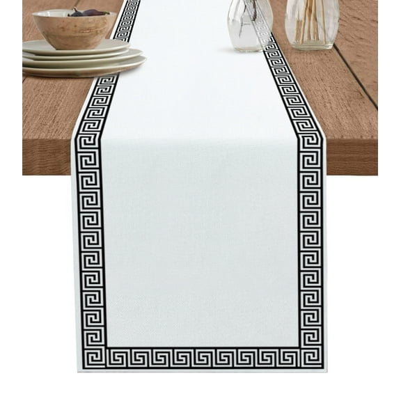 Table Runner Dresser Scarves 90 Inch Long, Greek Meander Border Inspired Key Linen Dining Table Runners Abstract Twist Stripe on White Tabletop Scarf for Wedding Holiday Party Kitchen