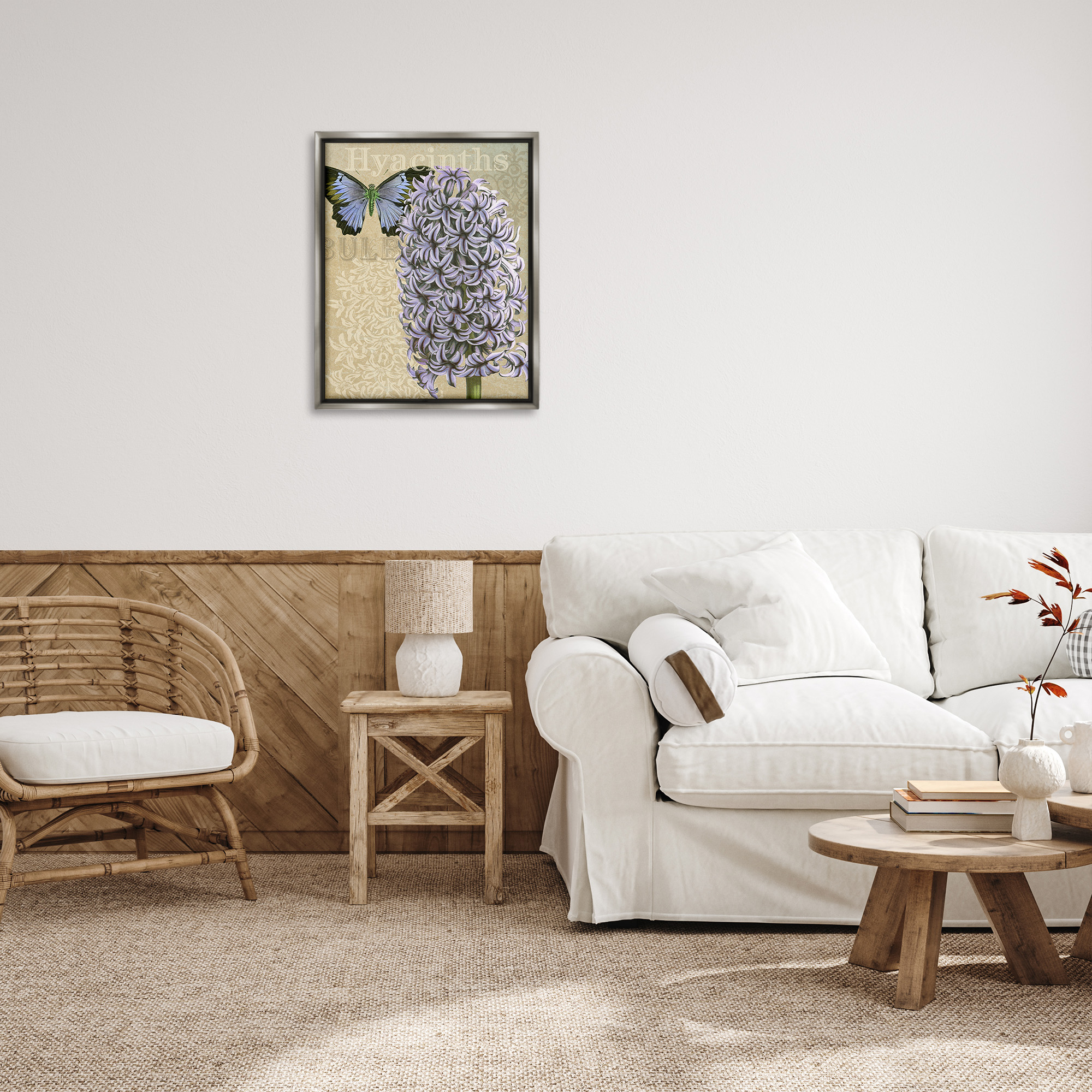 Stupell Industries Hyacinth Pattern & Butterfly Botanical & Floral Painting Gray Floater Framed Canvas Art Print Wall Art, 25 x 31