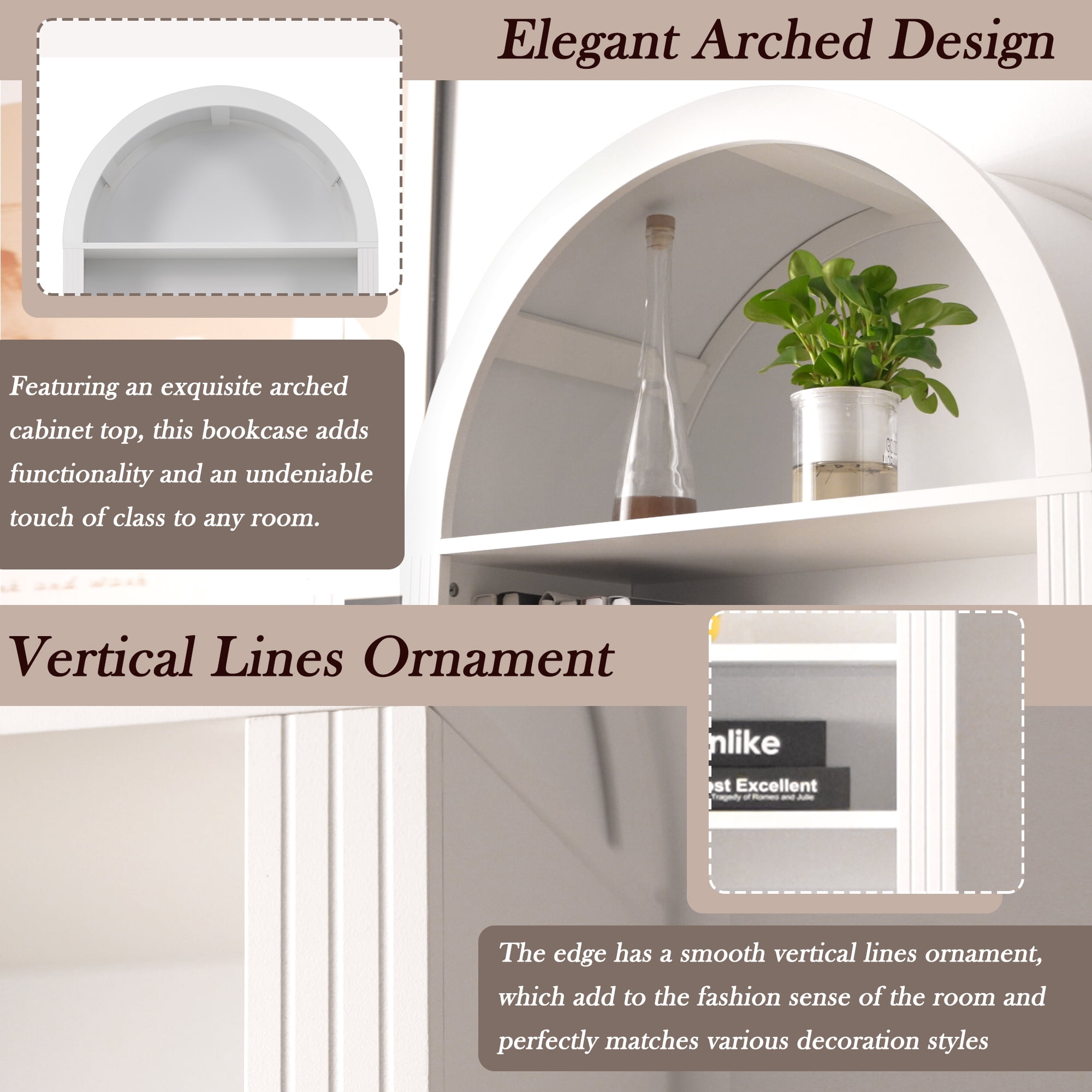 71" Tall Arched Bookshelf with Storage Cabinet, 2 Piece Display Bookcase with Drawer Doors and Adjustable Shelves