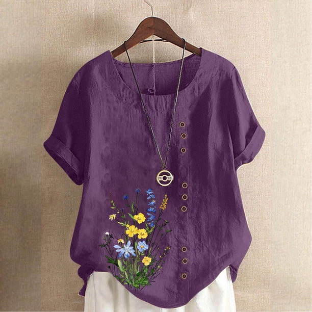 TaTaai Casual Printed Button Blouse, Women's Short Sleeve Linen Feel T-Shirt, Comfortable Top for All Seasons Gift