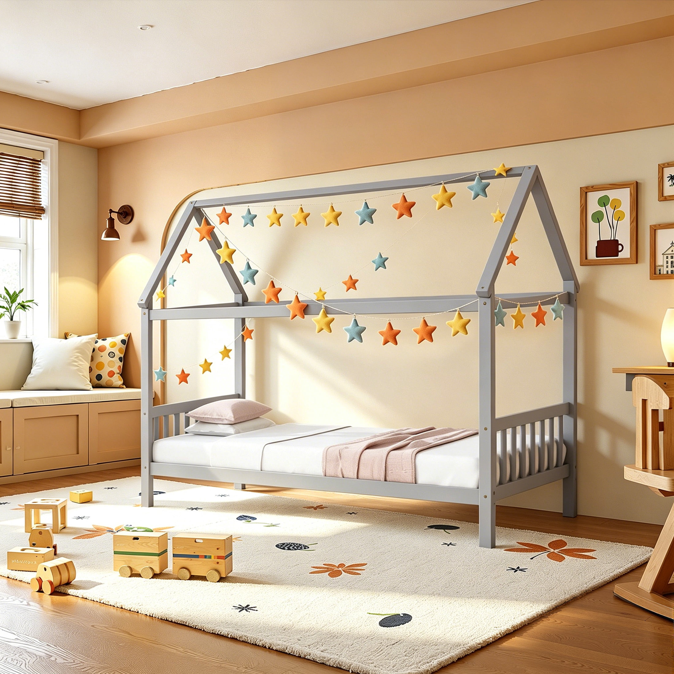 SESSLIFE House Bed with Fence, Wood House Bed, Floor Bed Frame, Twin Canopy Bed for Bedroom, No Box Spring Needed (Gray)