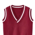 thumbnail image 4 of Freshbabe Kids V Neck Knit Sweater Vest, Sleeveless Striped Rib Trim Knitted Waistcoat, Burgundy Solid Color, Back To School Uniform Layering Outerwear, 4 of 4