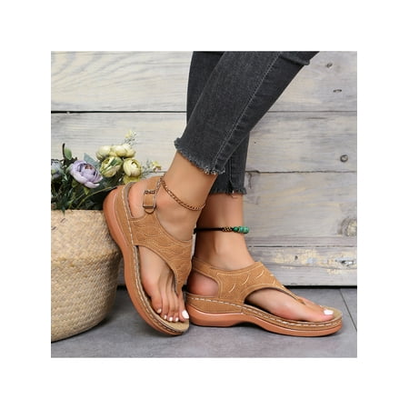 

Sanviglor Lady Shoes Wedge Flip Flop Open Toe Sandals Work Soft Breathable Thong Sandal Comfortable Roman Style Brown 7