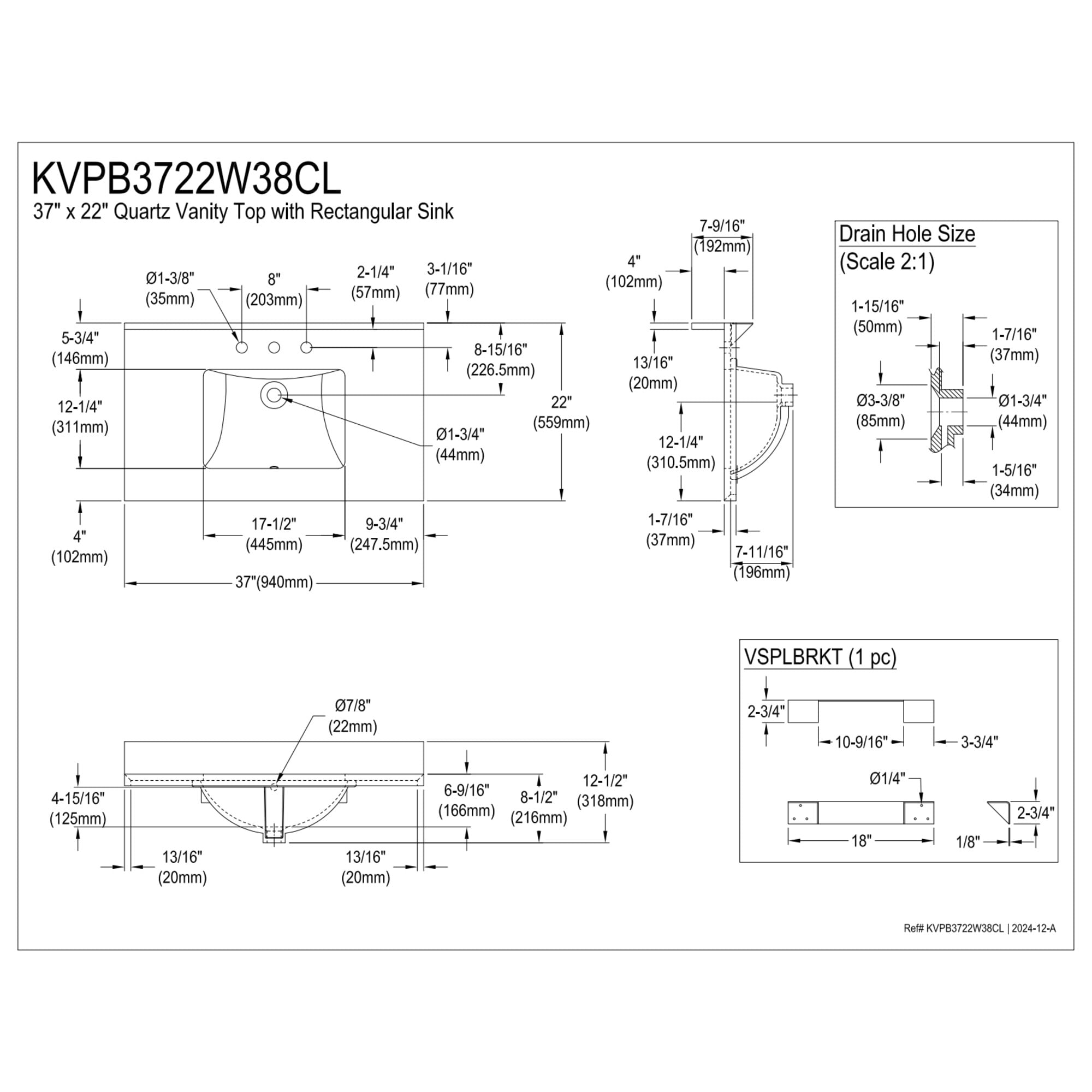 Kingston Brass KVPB3722W38CL Mayorca 37-Inch Quartz Vanity Top (8" Faucet Drillings) in Quartz White