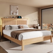 Fluest Queen Solid Wood Bed Frame with High Headboard and Charging Station, Natural Finish