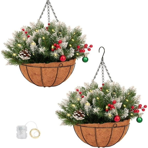 Artificial Christmas Hanging Basket with Pine Cones, Berries, and Snowflakes - Realistic Holiday Decor for Porch, Door, Home 20 Inch (2PCS)