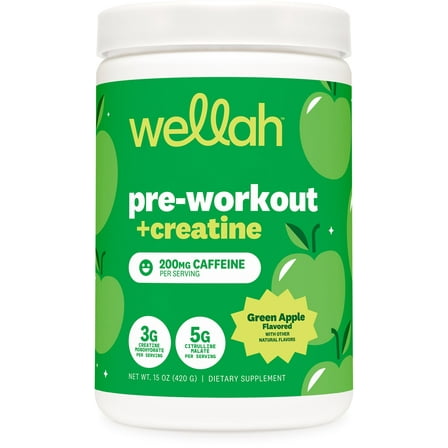 Wellah Pre-Workout   Creatine Powder (30 Servings) Green Apple - 200mg Caffeine, 3g Creatine Monohydrate, 5g Citrulline Malate, Pre-Workout with Creatine Supplement