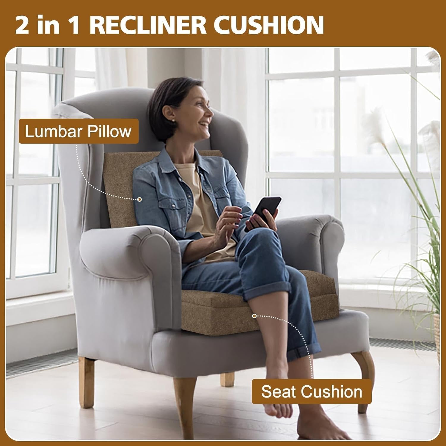 Recliner Cushion for Elderly with Lumbar Support Pillow - 20x20x5 Inch Extra Thick Recliner Seat Cushion for Seniors Relief Back Pain and Tailbone Pain from Long Sitting Non-Slip Bottom Brown