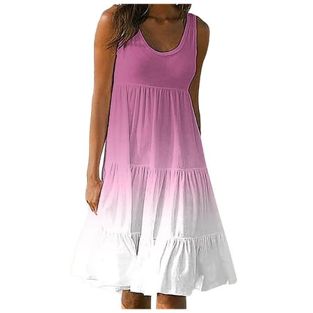 Blphud Simple Dress Summer Dresses for Women 2024 Dresses Women Spring Sleeveless Round Neck Printed Casual Dress Vacation Beach Dress Chiffon Dress Women Hot Pink XL