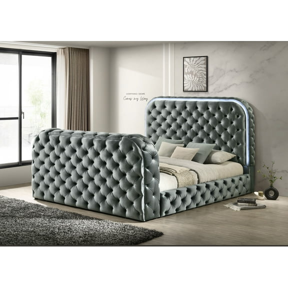 ACME Kana Queen Bed w/LED in Fireplace & TV Stand in Gray Upholstery Velvet