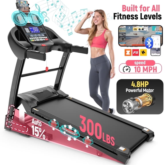 FaayFian 4.8HP Folding Treadmill with 15% Auto Incline， 300LB Capacity, 10MPH Max Speed Treadmill, Home Gym Treadmill with Powerful Motor and Space-Saving Design
