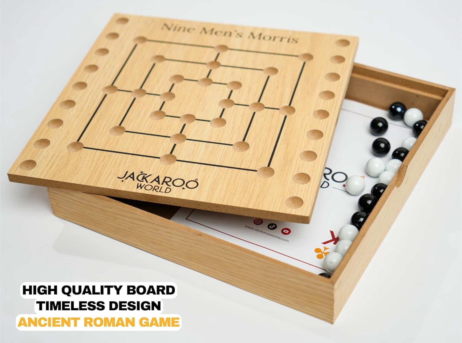 Nine Mens Morris Board Game - 2 Player Game - Marbles Board Game - Black and White Marbles - Ancient Rome Board Game Mill - Board Games for Men and Woman - Adult Board Game - Wooden Board Games (Oak)