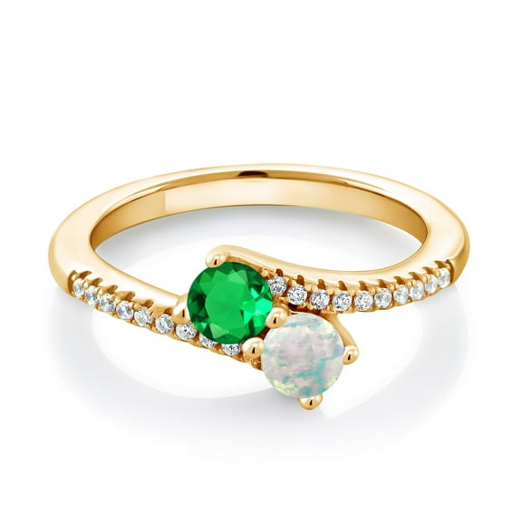 Gem Stone King 18K Yellow Gold Plated Silver Green Nano Emerald and White Opal Bypass Ring for Women | 0.79 Ct | Gemstone Birthstone | Round 4MM | Wedding Engagement Anniversary Promise Ring | Size 7