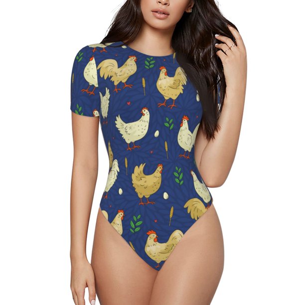 Fotbe Funny Chicken Body de Mujer con Cuello Redondo y Mangas Cortas, Sin Mangas Ajustado, Suave, Cómodo y Básico-Medium