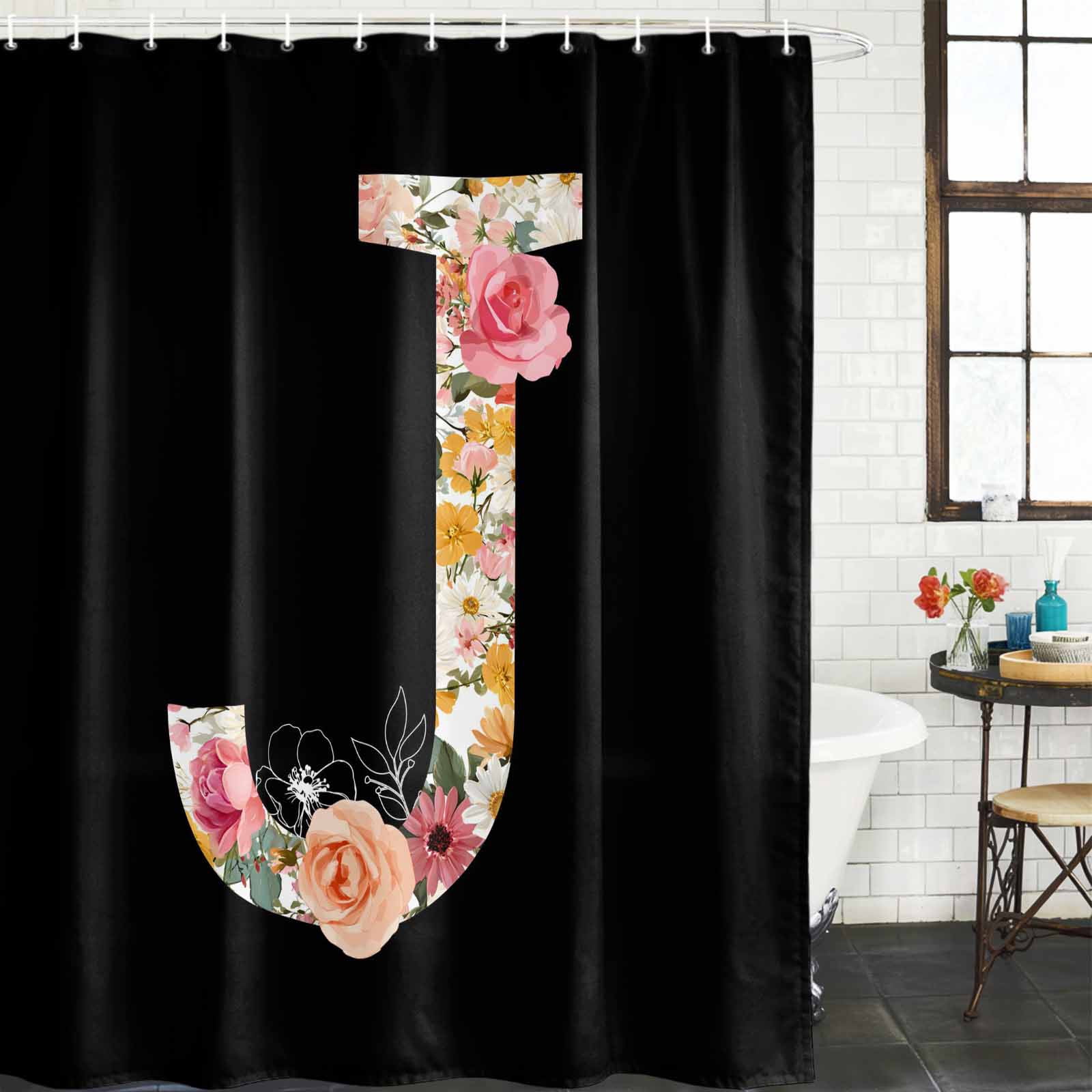 Black Letter J Flower Bathroom Shower Curtains with Hooks, Watercolor Alphabet J Pink Beige Floral Leaf Waterproof Fabric Washable Shower Curtain for Home Hotel Bathtub Decor 72x72 Inch