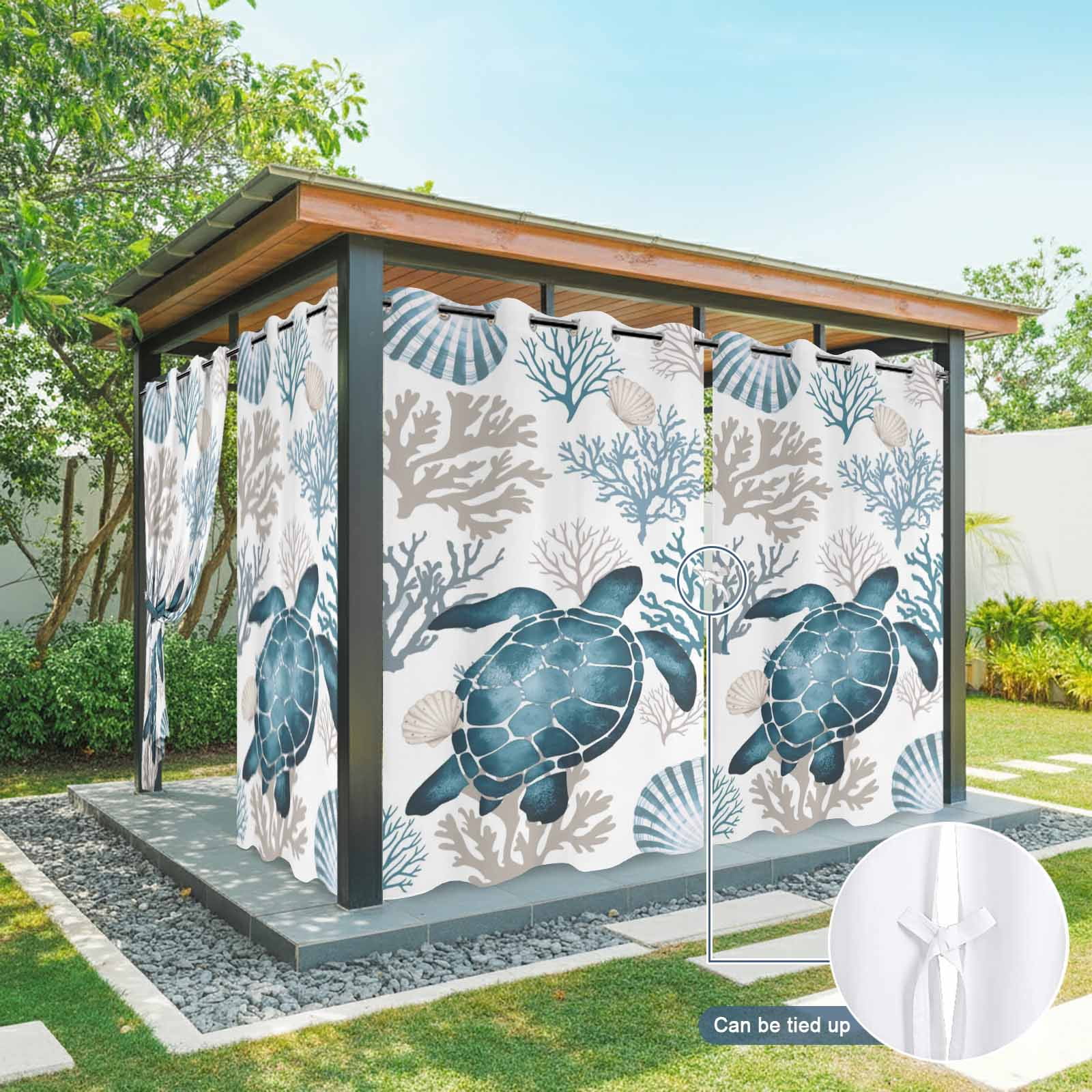 Coastal Sea Turtle Outdoor Curtains for Patio, Blue Gray Shell Coral Ocean Summer Sunshade Privacy Drapes Grommet Waterproof Outside Curtains for Porch/Cabana/Balcony 54"x 108", 2 Panel
