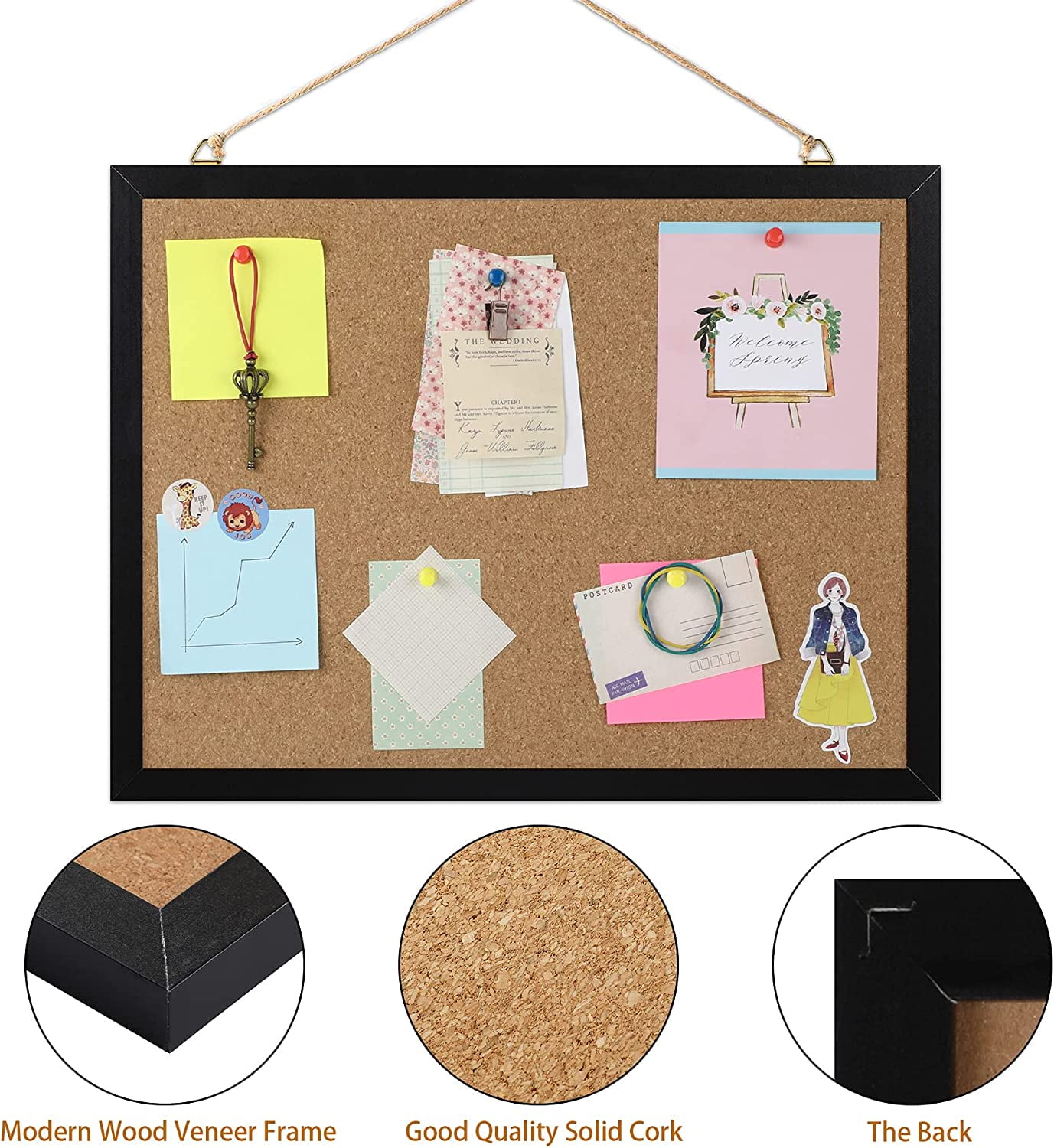 Cork Board Bulletin Board 15.7 x 12 Inches with Rectangle Black Frame Hanging Pin for Office Home Message Board or Vision Board Decoration