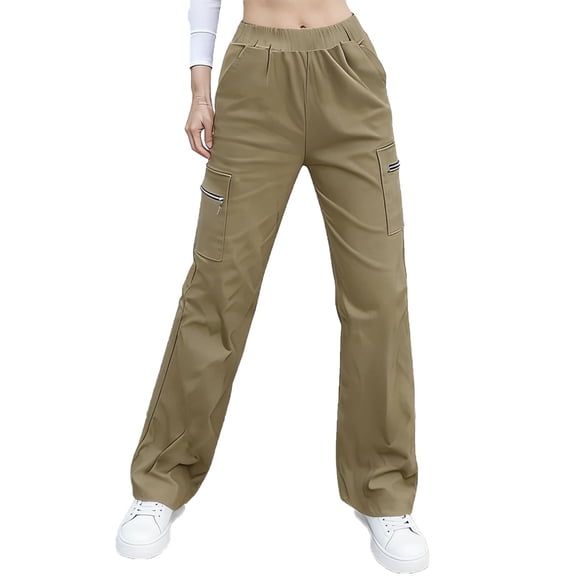 Solid Color Cargo Pants for Women Wide Leg Pull On Pants Flat Front Athletic Pants Pocketed Full Length Pants for Hiking Camping Khaki S