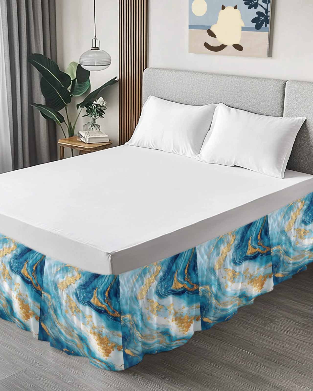 Blue Marble Wrap Around Bed Skirts for Queen Bed 16" Drop,Bed Skirt with Adjustable Elastic Belt Dust Ruffle Bed Valance for Bedroom Hotel Luxury Luxury Yellow Modern Ink Painting Art Bed Frame Cover