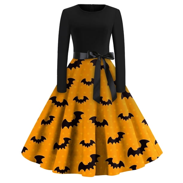 Women's Fashion Round Neck Casual Slim Fit Halloween Printed Long Sleeve Dress