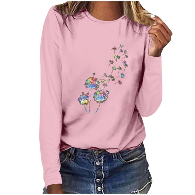 Pisexur Hauts pour Femmes Mode d'Automne T-Shirt à Imprimé Graphique Amusant Col Rond Manches Longues Chemises pour Femmes Chic Décontracté Hauts de Sortie Confort Polyvalent Blouses Légères