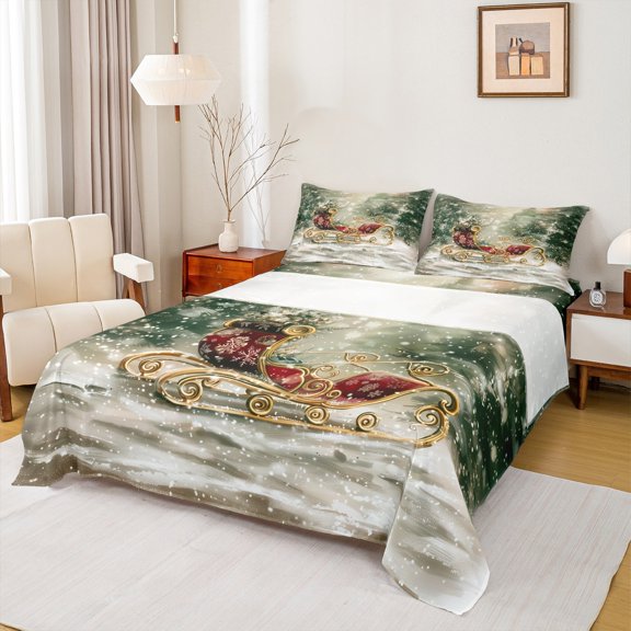 Feelyou Vintage Xmas Carriage Twin Sheet Sets, Winter Jungle Tree Snow Twin Fitted Sheet, Christmas Festival Flat Sheet, Ultra Soft Home Decor, 3pcs