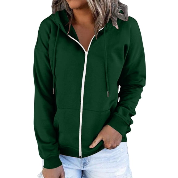 Fgnfyis Women Casual Solid Zip Up Hoodie with Drawstring Hooded Sweatshirt Pocket Long Sleeve Top Green S