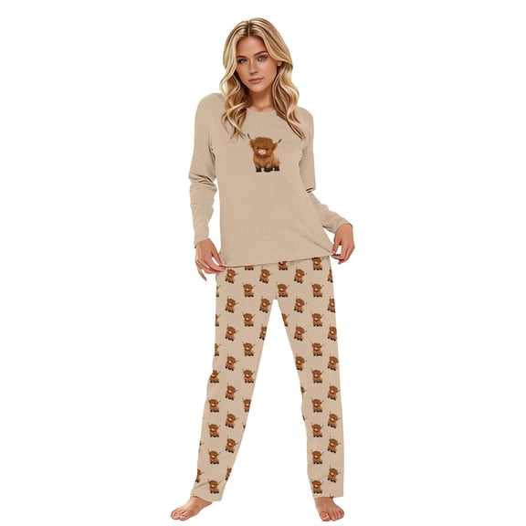 Women's Pajamas Highland Cattle Printed Crew Neck Tops Trousers Nightwear Womens Homewear