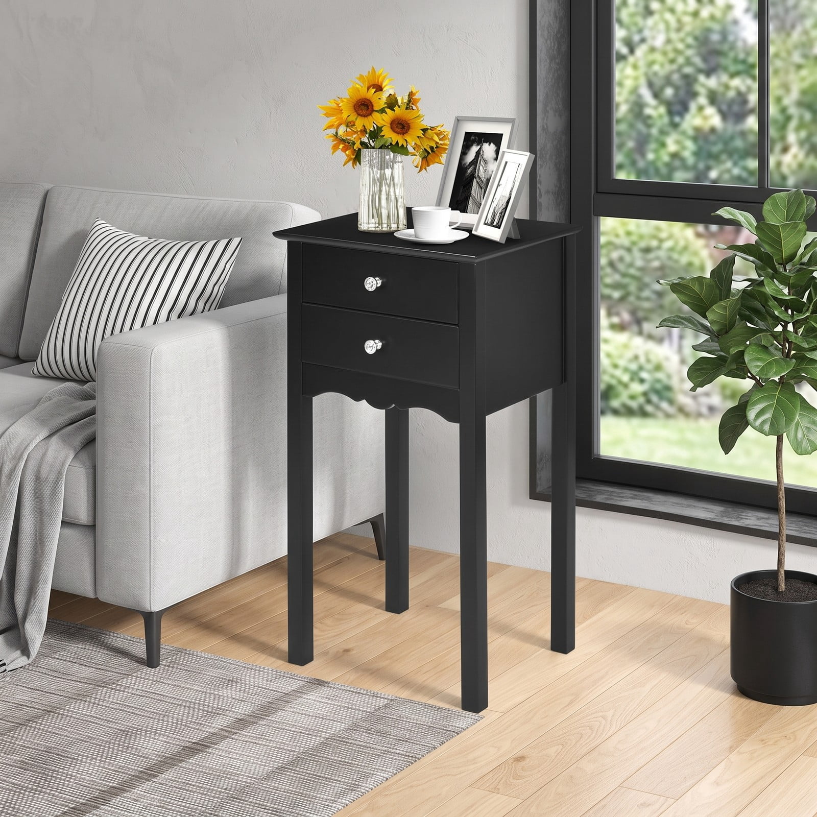 Furnibear 2-Drawer End Table, Vintage MDF Side Accent Table with Metal Handles, High Gloss Nightstand Bedside Storage Table for Bedroom Living Room Dorm, Black