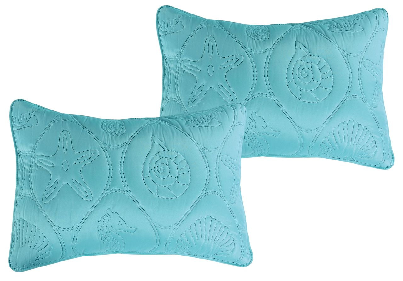 3 PCS Shell & Seahorse Stitched Pinsonic Reversible All Season Soft Microfiber Bedspread Quilt Coverlet Oversize Turquoise Color Queen Size