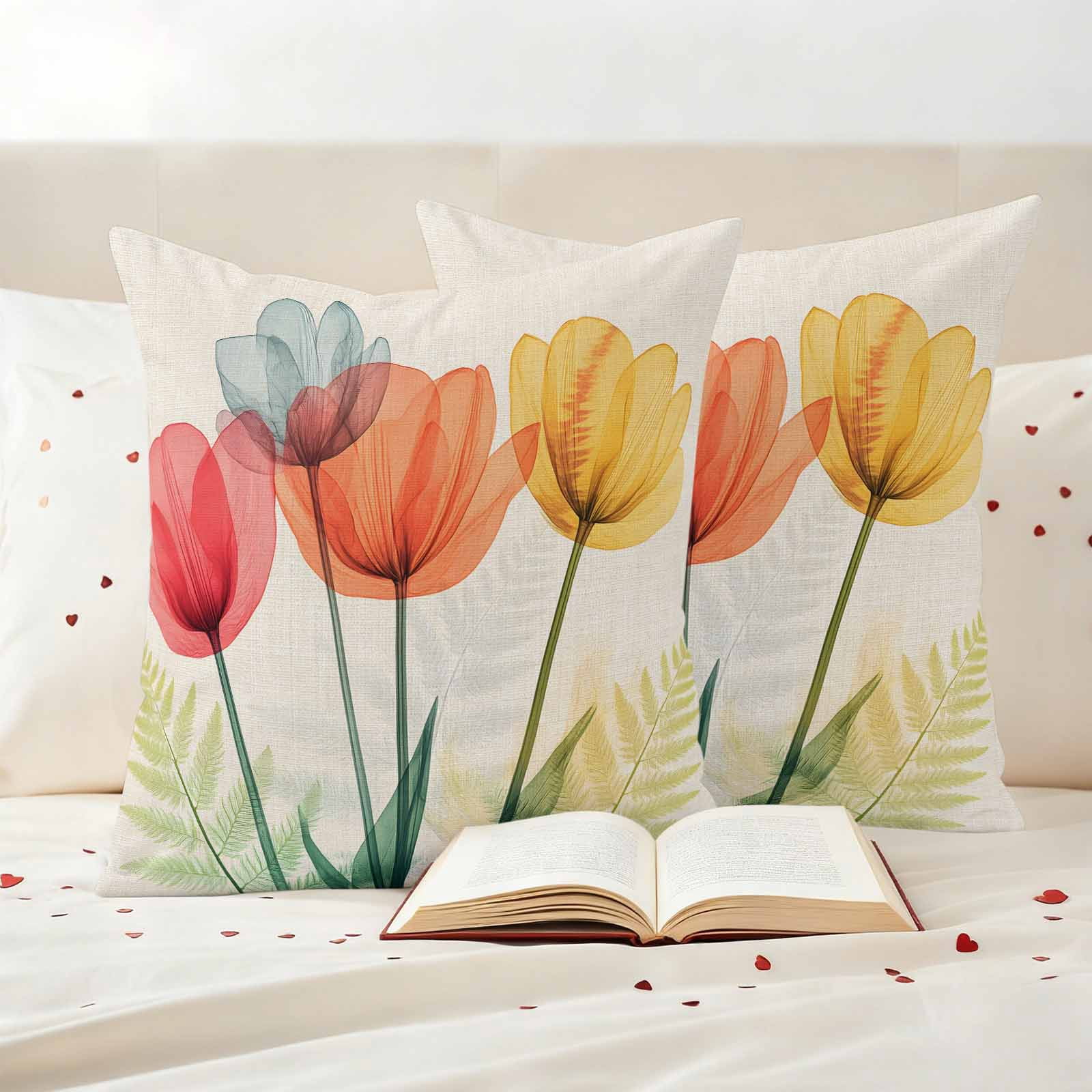 Spring Retro Pillow Covers 2 Pack Orange Yellow Red X-ray Tulips Flower Leaf Pillowcase Waterproof Outdoor Throw Pillow Cover for Patio Garden Square Cushion 18”x18”
