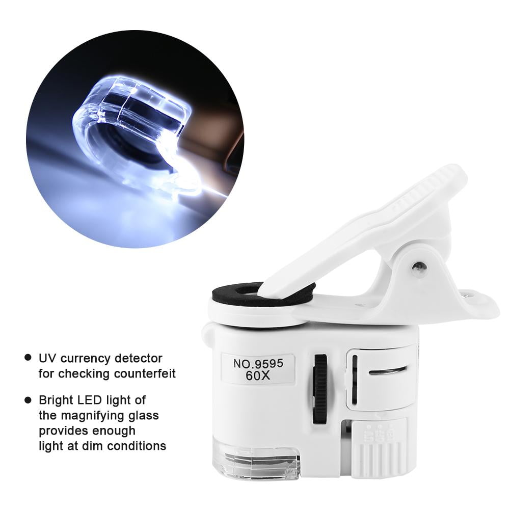 LouiseEvel215 2-en-1 Universel 60X téléphone Microscope Mini caméra Portable loupe sur Pince avec LED/Lampes UV pour téléphones intelligents 