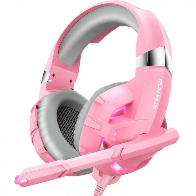 Gaming Headset PS4 Wired Gaming Headset 360° Adjustable Noise Cancelling Microphone, LED Lights and Over-Ear Memory Earmuffs for PC, Laptop, Tablet, iPad, Computer Pink