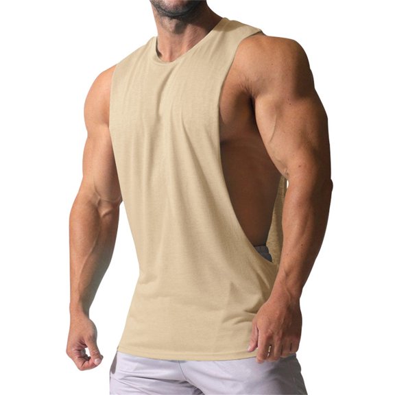 Conairie Mens Tank Tops Gym Solid Color Loose Workout Crewneck Sleeveless T Shirts Lightweight Beach Hippie Tee Beige L